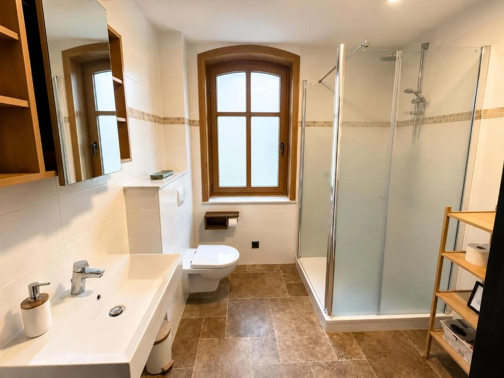 Bad im Erdgeschoss · Ferienhaus Alte Provinz