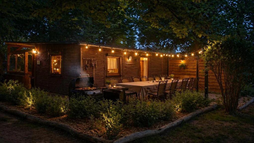 Außenbereich am Abend · Ferienhaus Bucheneck