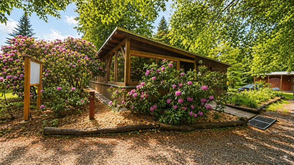 Ferienhaus mit Veranda und blühenden Rhododendren · Ferienhaus Bucheneck